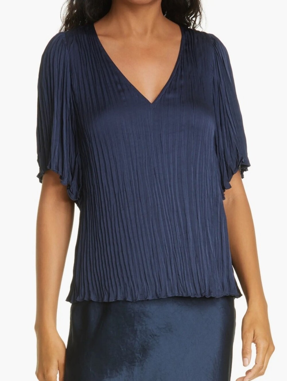Vince Flutter Sleeve Crushed Satin Top Plisse Pleated Navy Blue V Neck XL